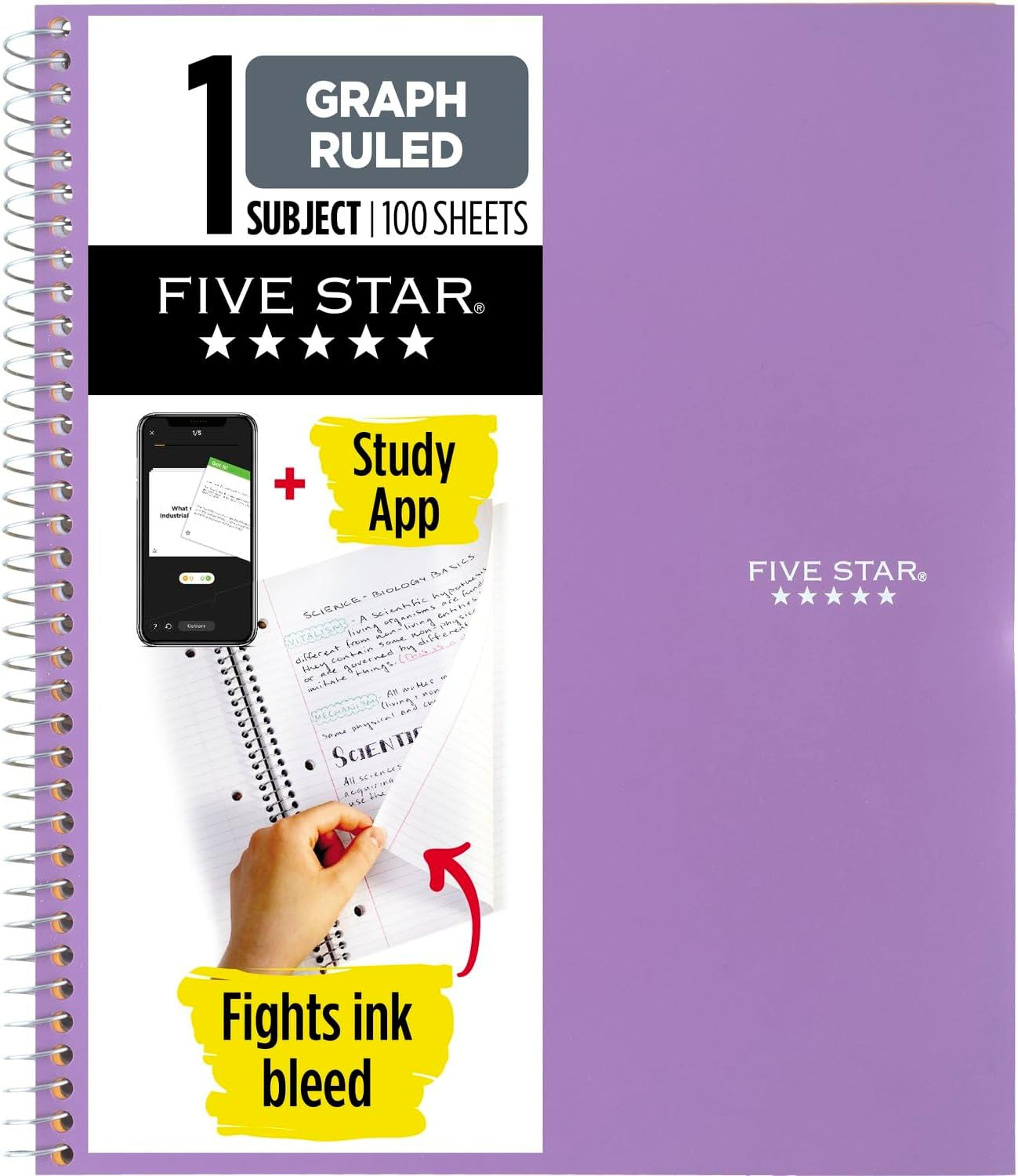 Spiral Notebook + Study App, 1 Subject, Graph Ruled Paper, Fights Ink Bleed, Water Resistant Cover, 8-1/2" X 11", 100 Sheets, Black (73679)