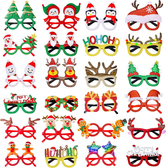 24Pcs Christmas Eyeglasses Glitter Party Decorations Glasses Frames, Costume Eyeglasses for Christmas Parties Holiday Favors Photo Booth Novelty Toy Glasses Cosplay (One Size Fits All)