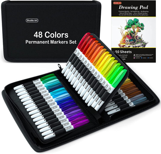 Permanent Markers, 48 Colors Fine Point, Assorted Colors with Travel Case, Ideal for Adults Coloring Doodling on Plastic, Glass, Wood and Stone, Gift for Kids