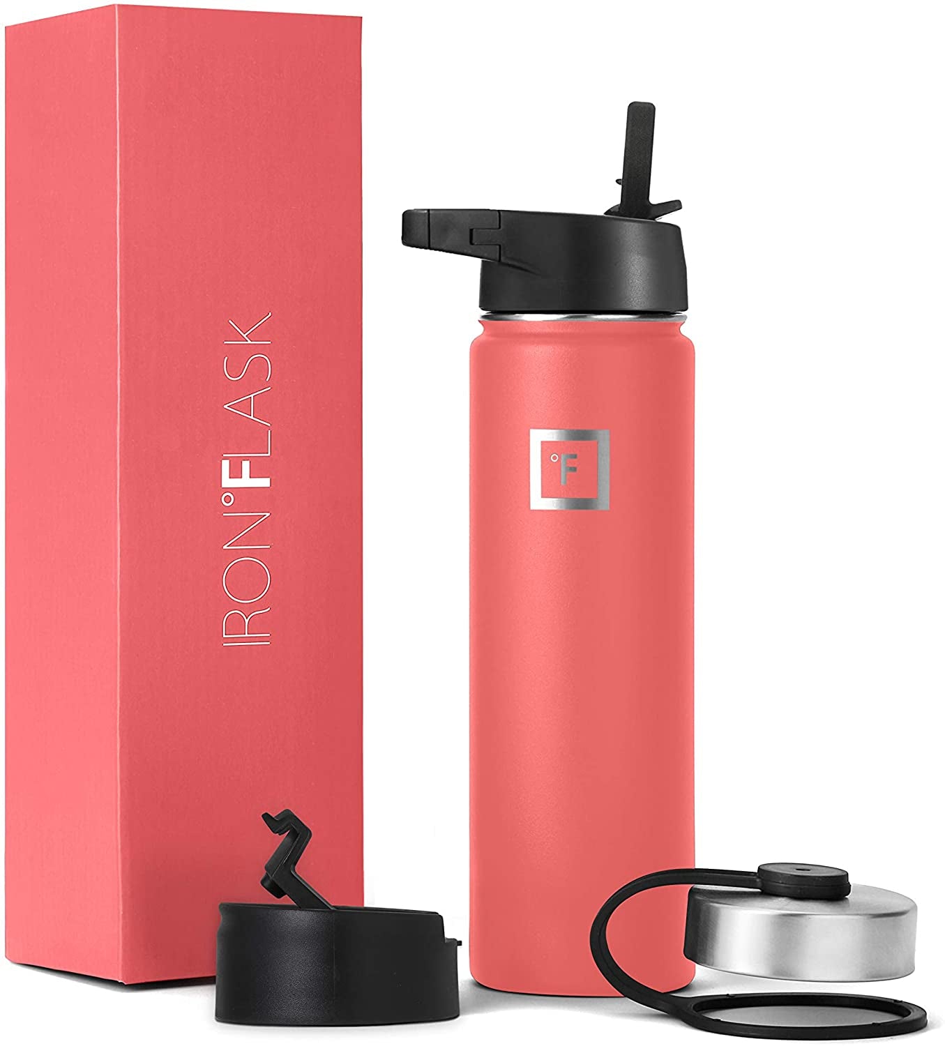 Sports Water Bottle - Wide Mouth with 3 Straw Lids - Stainless Steel Gym & Outdoor Bottles for Men, Women & Kids - Double Walled, Insulated Thermos, Metal Canteen - Peach, 22 Oz