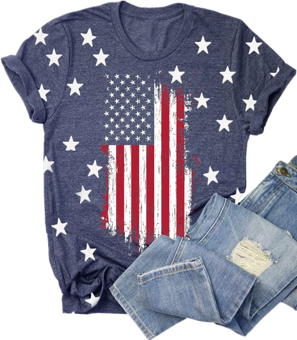 Womens American Flag Shirt 4Th of July T-Shirt Patriotic Short Sleeve Tee USA Flag Stripe Star Summer Blouse Tops