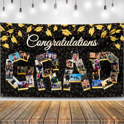 , Congratulations Grad Banner - Large, 72X44 Inch | Glitter Black and Gold Graduation Backdrop, Graduation Decorations Class of 2024 | Congratulations Banner, 2024 Graduation Party Decorations