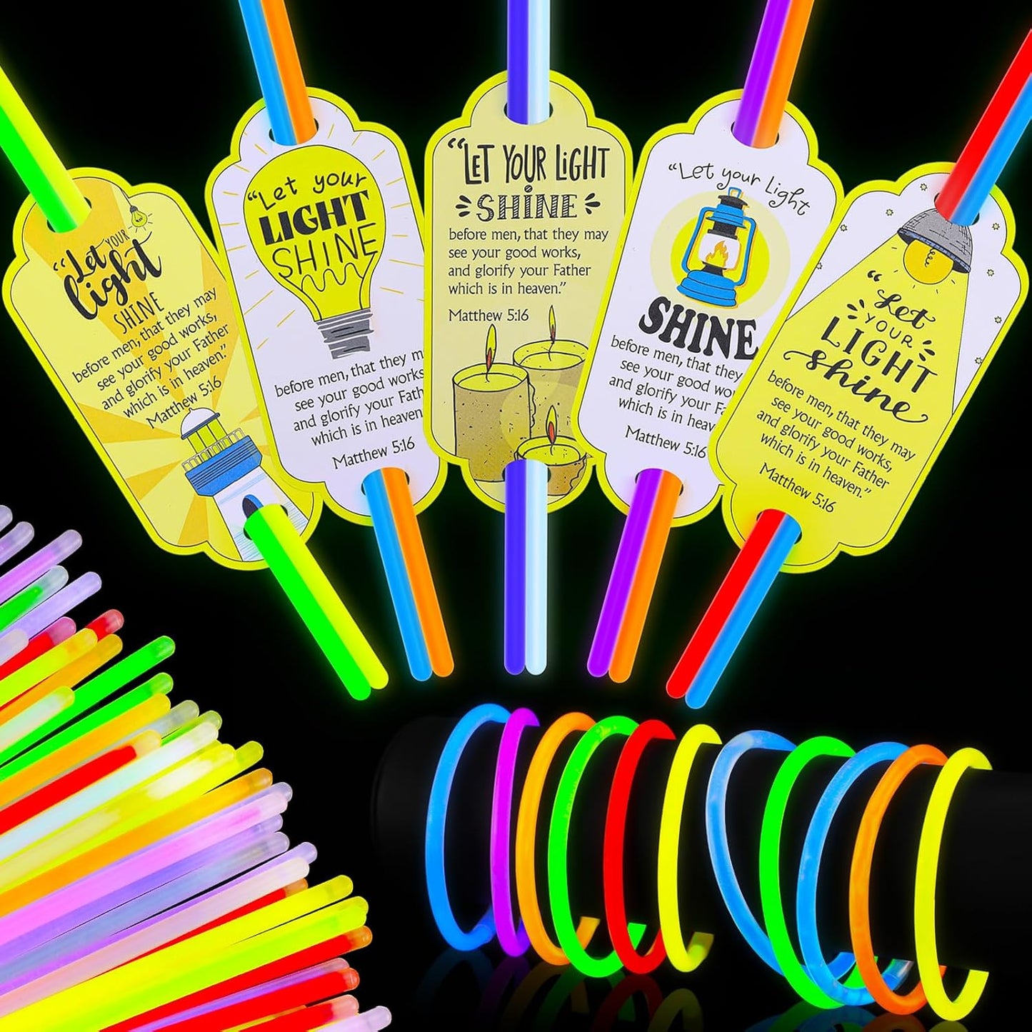 50 Sets Let Your Light Shine Cards with Glow Sticks Christmas Christian Gifts, Include 50 Glow Stick Gift Tag 100 Glow Stick for Church Religious Bible Verse VBS Sunday School Supplies