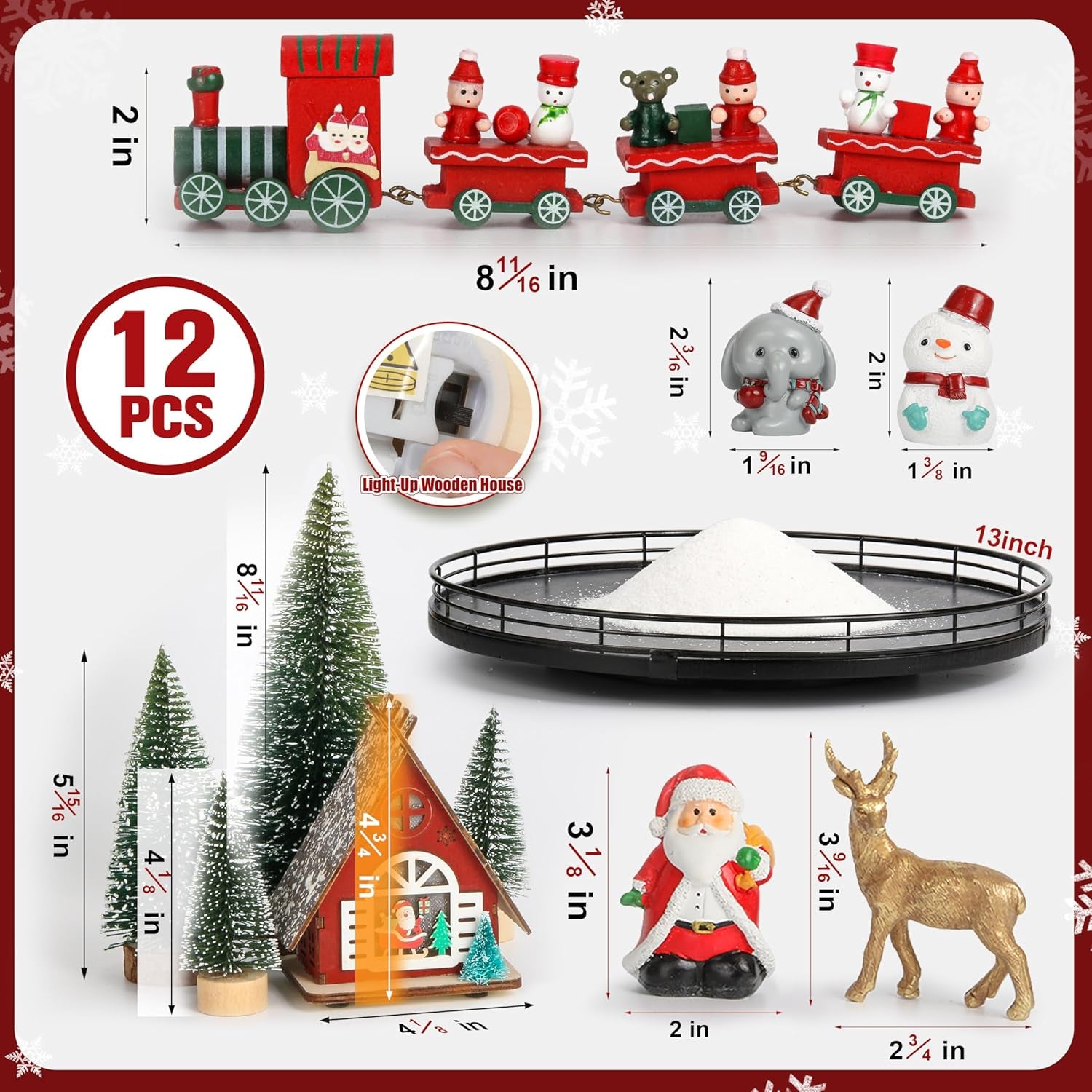 12 Pcs Christmas Table Decorations Indoor Christmas Village Sets, Winter Xmas Holiday 13” Lazy Susan with Light-Up House Christmas Trees Santa Snowman Table Centerpieces Town Building Collection Décor