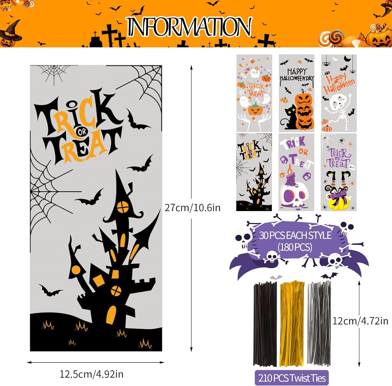 180 Pack Halloween Cellophane Treat Bags, Plastic Goodie Candy Bag for Kids Clear Goody Snack Bags Bulk Party Favors with 210 Twist Ties