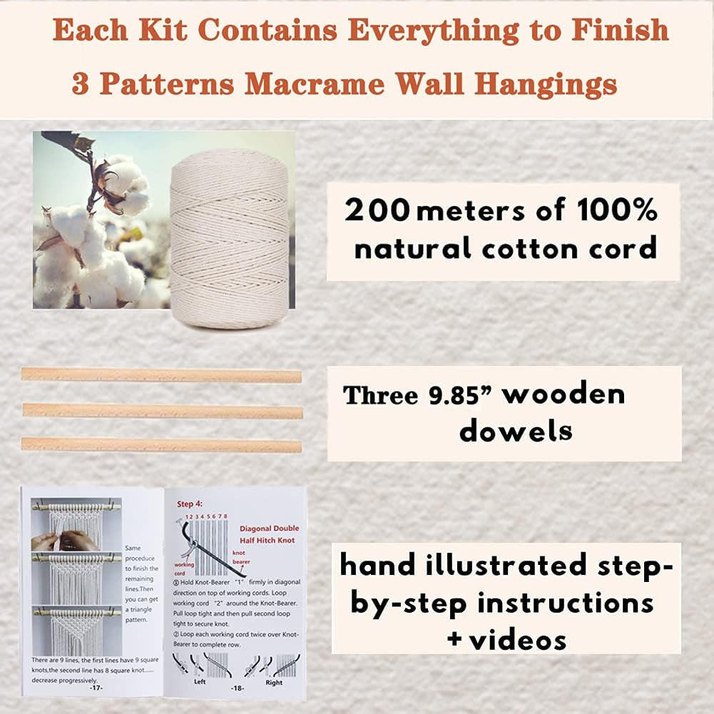 DIY Macrame Wall Hanging Kits, 3 Patterns Macrame DIY Wall Hangers for Beginners, Home Decor with 200 Meters Macrame Cord, 3 PCS Wooden Dowels and Instruction Booklet for Macrame Starters