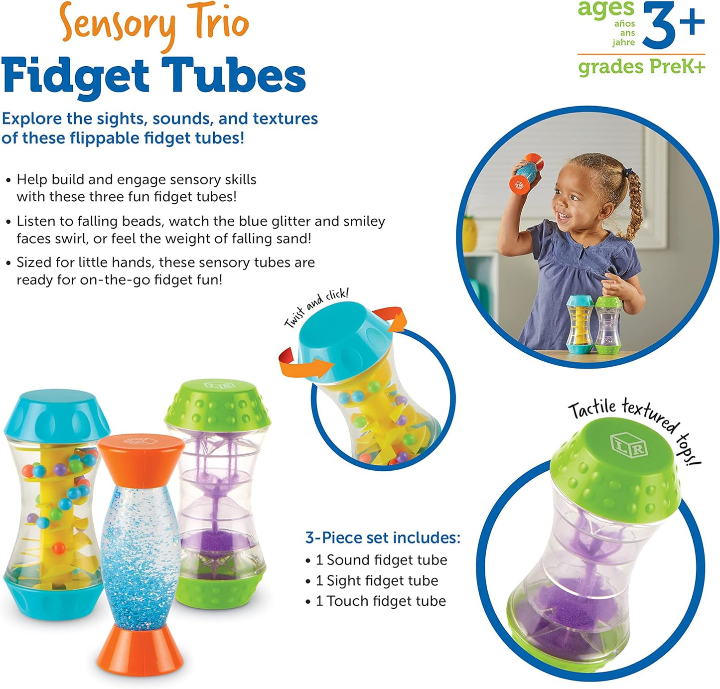Sensory Trio Fidget Tubes, 3 Pieces, Ages 3+, Fine Motor Skills, Sensory Toys for Toddlers,Children, Speech Therapy Materials, Fidget Toys, Sensory Tubes