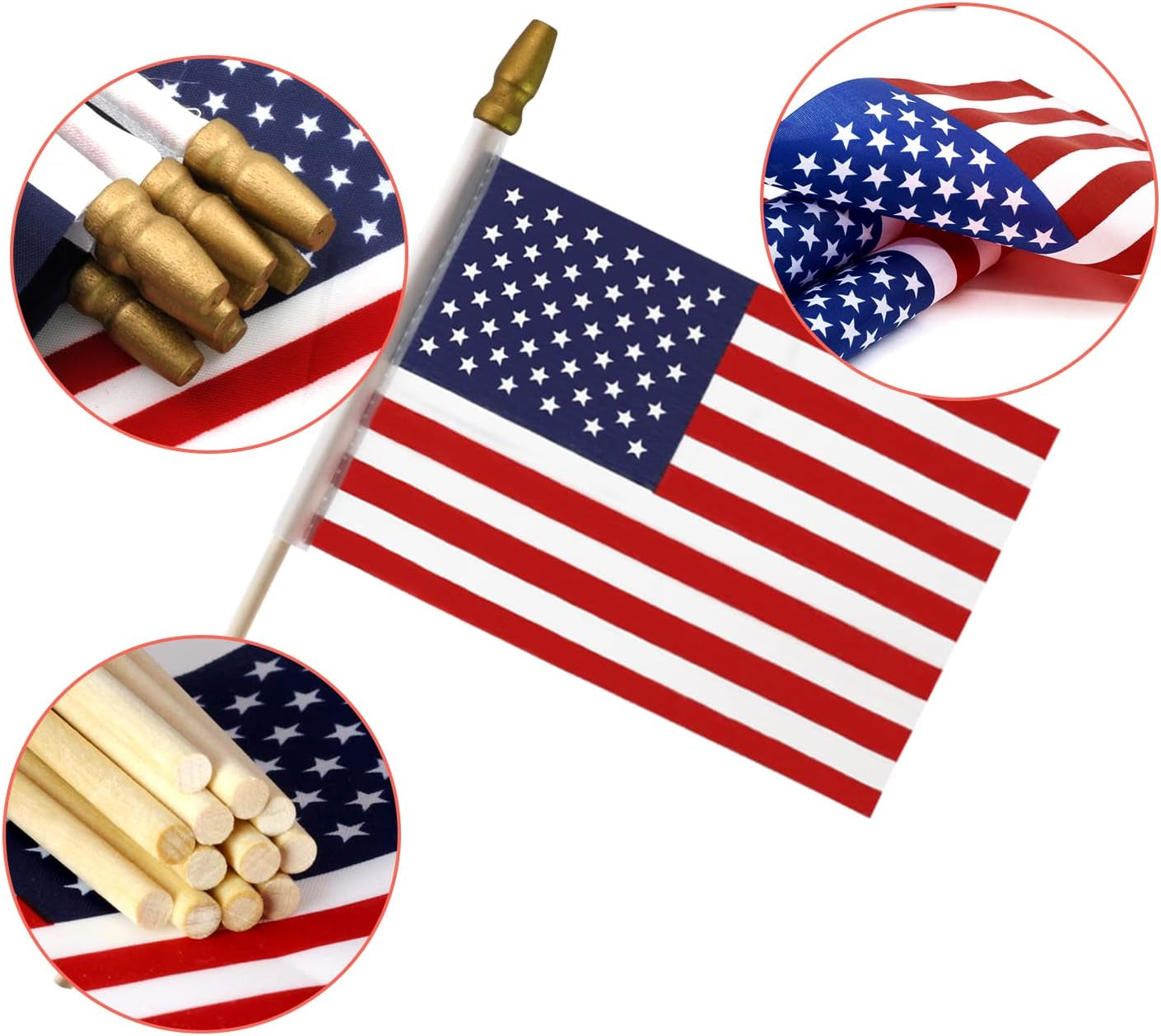 LOT of 50 - USA 4X6 in Wooden Stick Flag - July 4Th Decoration, Veteran Party, Grave Marker, Etc. - Handheld American Flag with Kid Safe Golden Spear Top (Pack of 50)