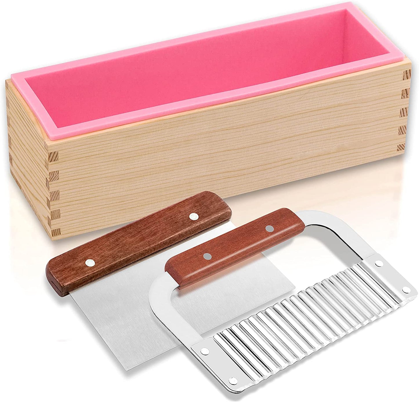 Rectangular Soap Mold Kit with Cutter- 42Oz Flexible Silicone Loaf Soap Mold with Wood Box, Stainless Steel Wavy & Straight Scraper for Homemade Craft Soap Making Supplies