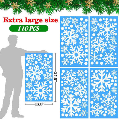 110 PCS Extra Large Snowflake Christmas Window Clings Decals for Glass Giant White Snowflake Window Decorations Xmas Snowflake Stickers Winter Wonderland Party Supplies Decor