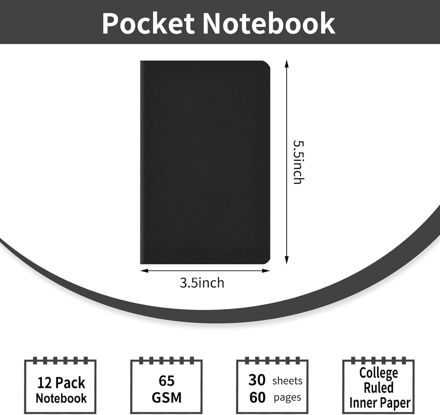 12 Pack Pocket Notebook, 3.5 X 5.5In Lined Mini Notebooks Softcover, Black Notebook Memo Notepad for Men Women Kids Traveler Author, 30 Sheets, 60 Lined Pages