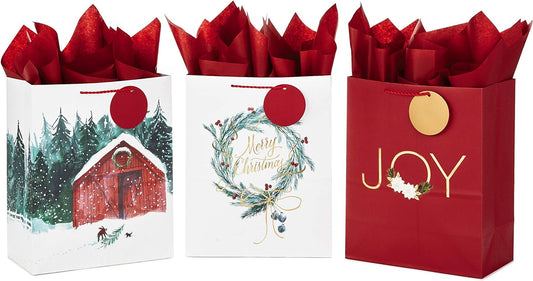 13" Large Christmas Gift Bag Assortment with Tissue Paper (3 Bags: Merry Christmas Wreath, Gold Joy, Snowy Red Barn) Red, White, Gold Foil