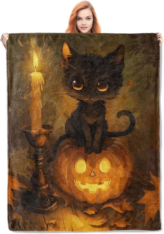 Halloween Black Cat Throw Blanket, Cozy Fleece Blanket with Cute Cat and Pumpkin Print, Soft Lightweight Warm Blanket for Couch Bed Sofa, Perfect Halloween Decor and Gifts, 40X50 In