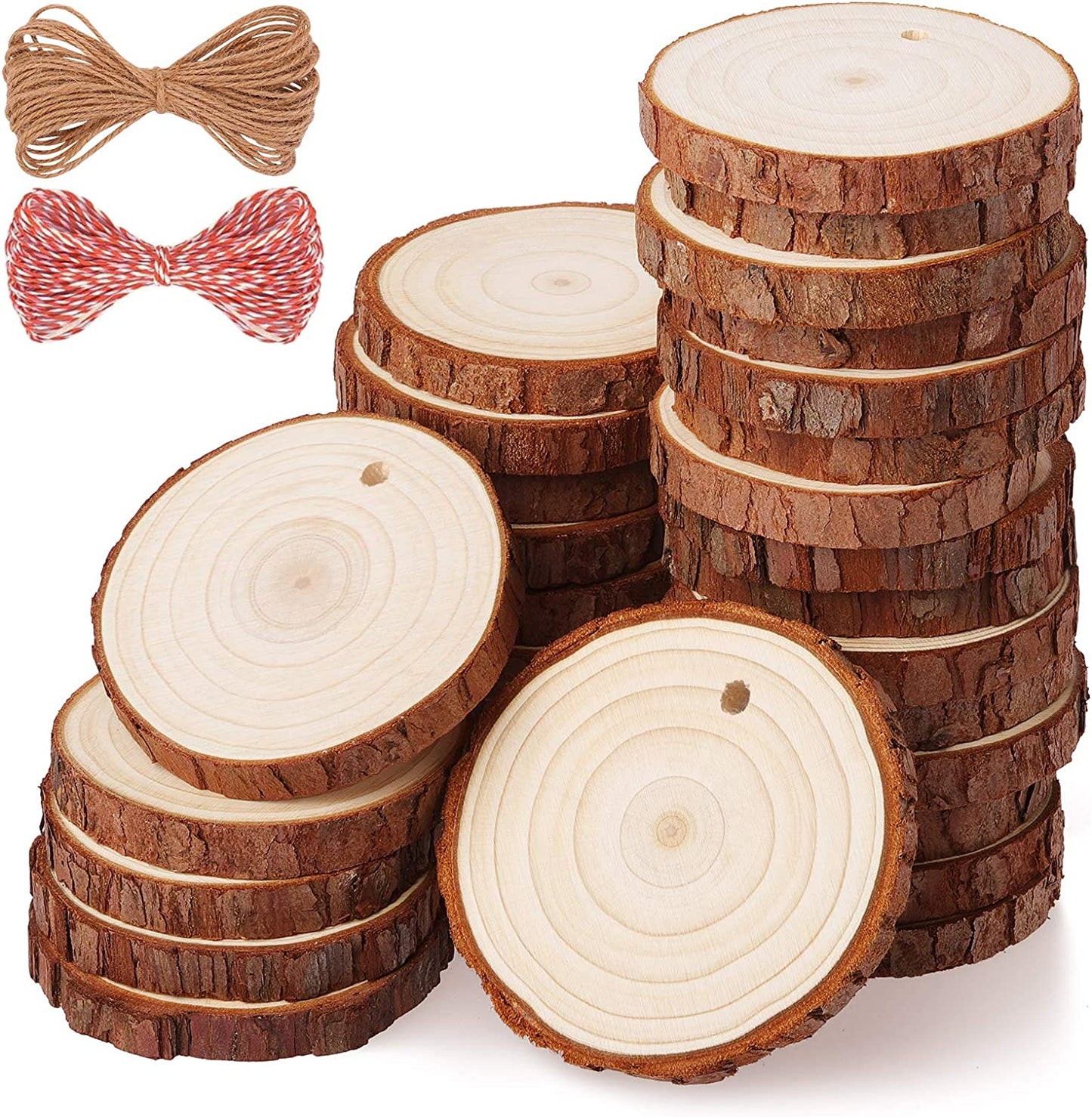 Natural Wood Slices, 30 Pcs 3.5-4 Inch Unfinished Predrilled Wooden Circles Tree Slice with Hole & Barks for DIY Arts Craft Christmas Ornaments