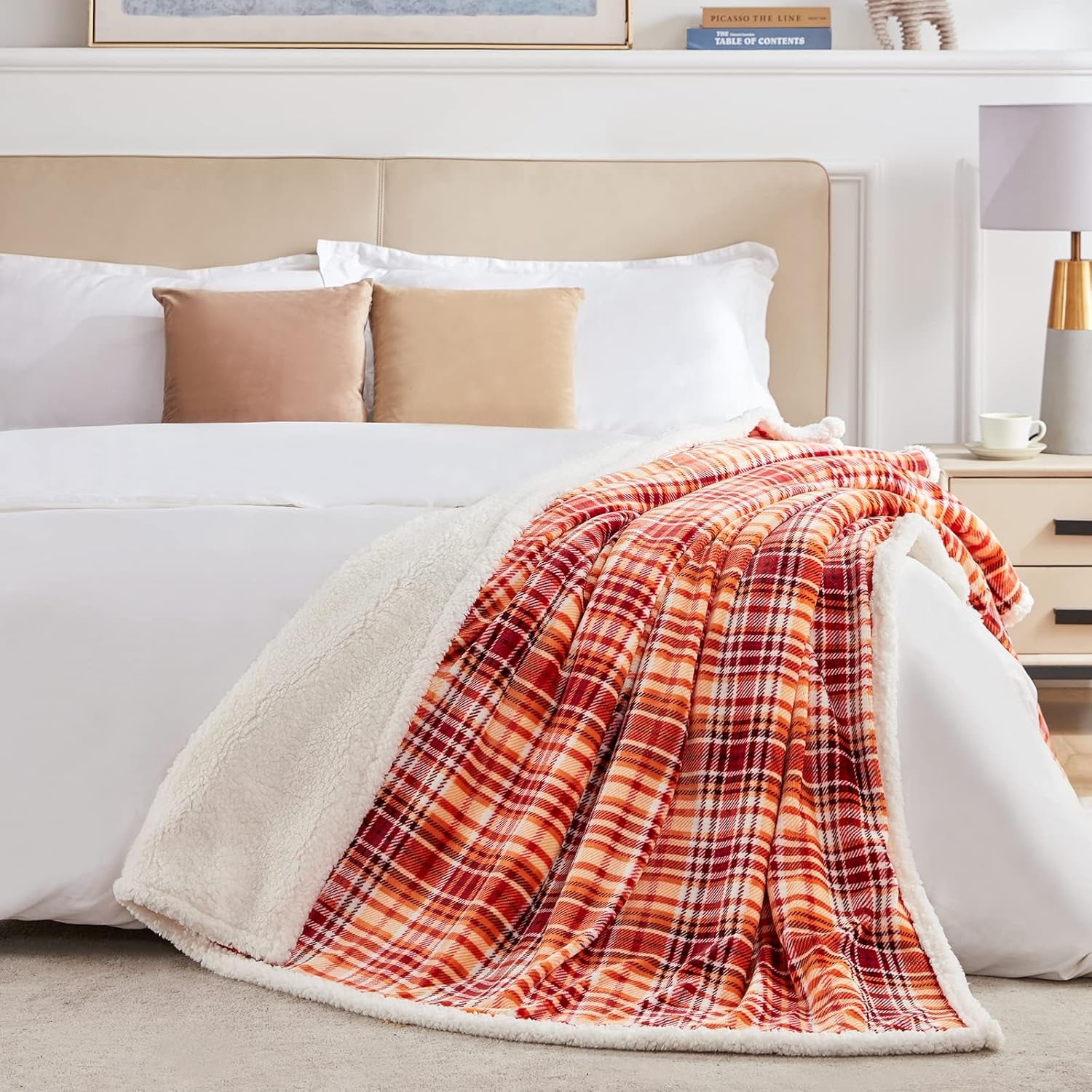 Sherpa Halloween Plaid Throw Blanket(60" X 70", Plaid Orange), Fuzzy Fluffy Cozy Soft Blanket, Fleece Flannel Plush Twin Size Microfiber Blanket for Couch Bed Sofa