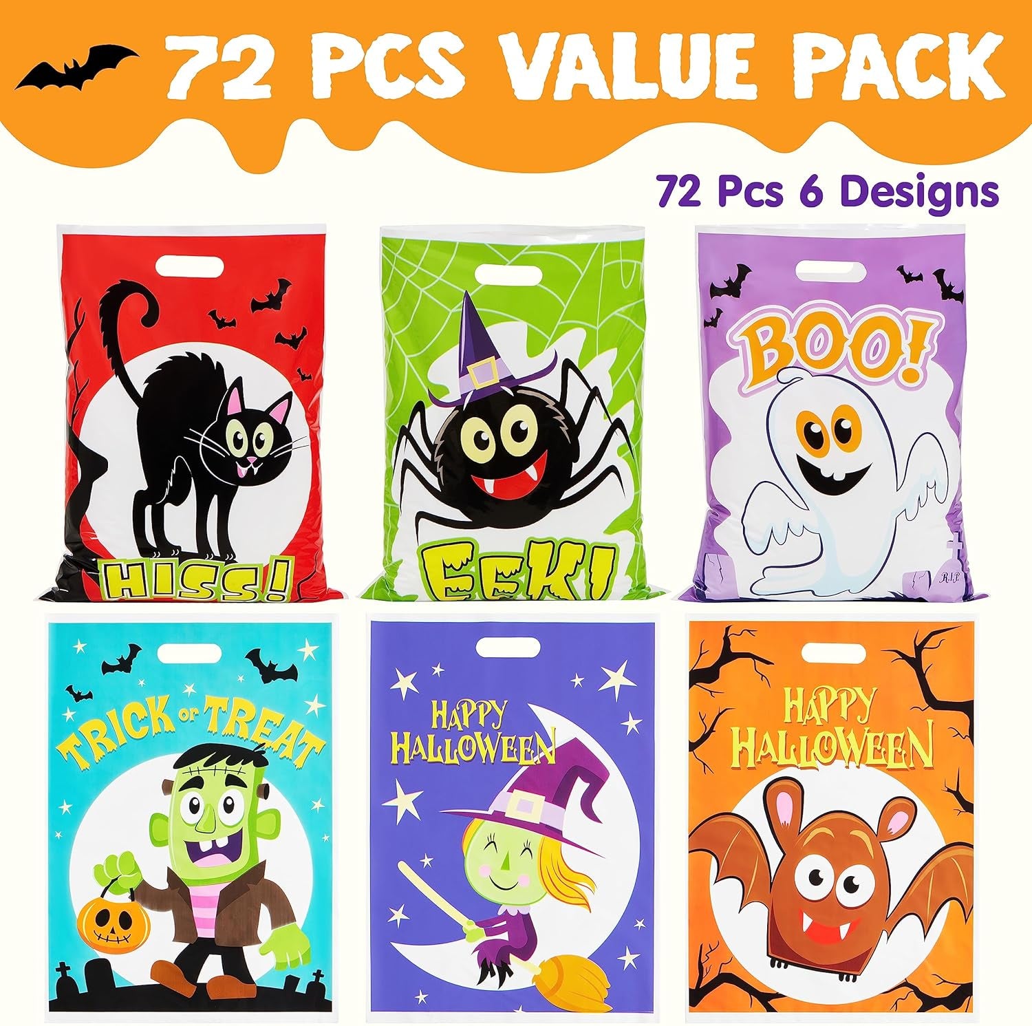 Halloween Candy Bag for Trick or Treat, Halloween Treat Bags with 6 Designed Characters, Halloween Plastic Goodie Gift Bags for Party Favors Party Supplies