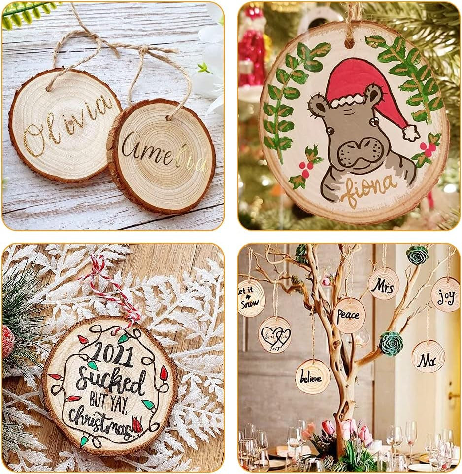 Natural Wood Slices, 30 Pcs 3.1"-3.5" Unfinished Wood Craft Kit, Predrilled Wooden Circles with Hole Crafts Christmas Ornaments DIY Crafts