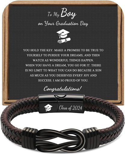 𝗚𝗿𝗮𝗱𝘂𝗮𝘁𝗶𝗼𝗻 𝗚𝗶𝗳𝘁𝘀 𝗳𝗼𝗿 𝗛𝗶𝗺 𝟮𝟬𝟮𝟰 High School, College Graduation Gifts for Men Class of 2024 Leather Stainless Steel Knot Bracelet, Graduation Gifts for Son Boyfriend Brother Grandson Friends