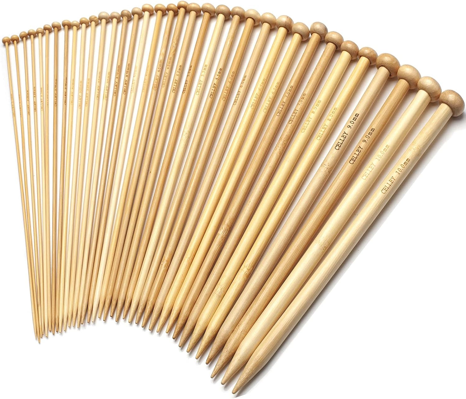 14 Inch Single Point Bamboo Knitting Needles Set for Beginners, 18 Pairs US Size 0-15 (2.0-10.0Mm) Straight Wooden Knitting Needles, Long Wood Needles Prefect for Sweaters, Socks, Shawl and Scarf