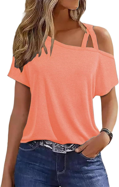 Criss-Cross One Shoulder Tops Sexy Cold Shoulder Shirts Summer Short Sleeve T-Shirts Vacation Loose Casual Tees