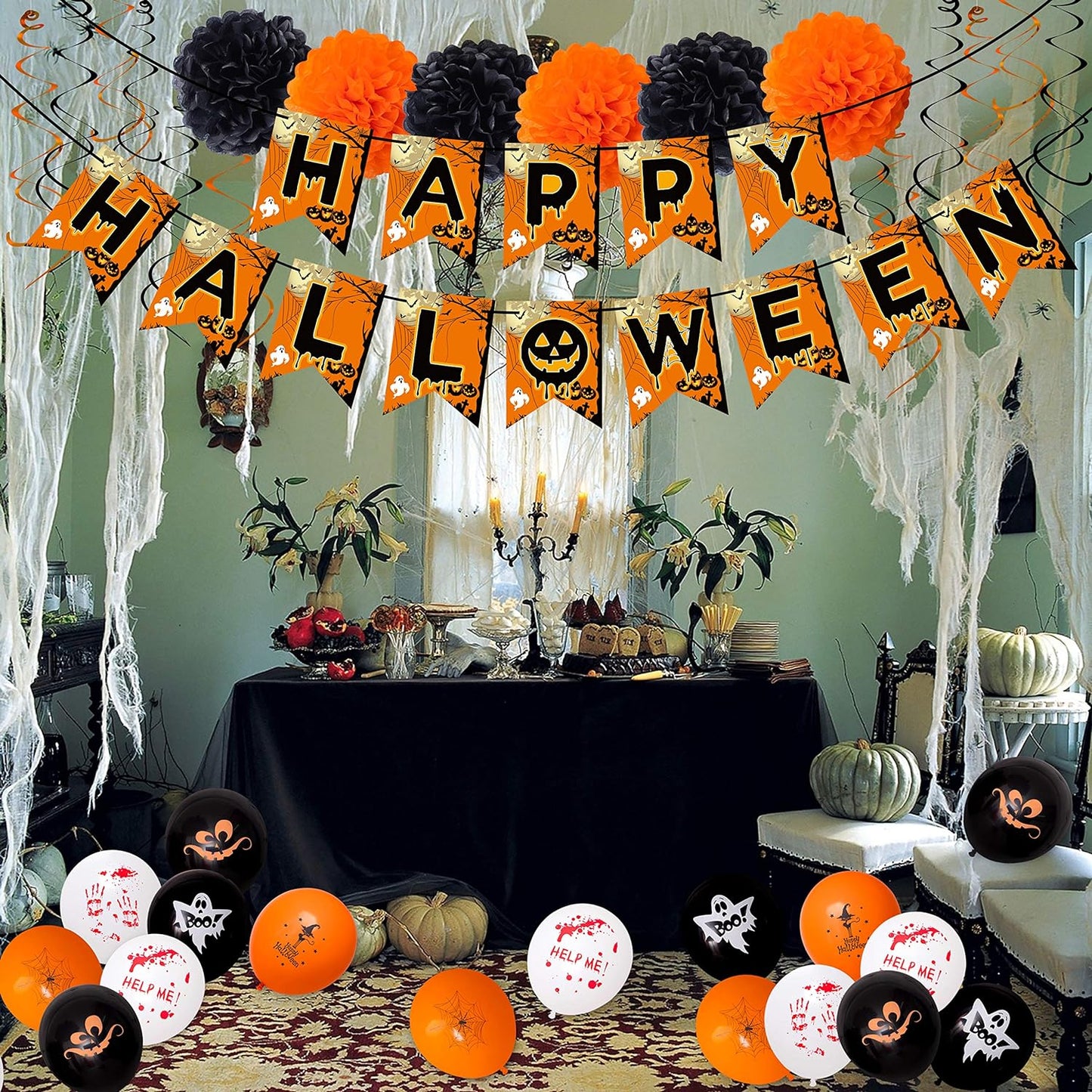 62PCS Halloween Party Decorations Set - Hallowmas Photo Booth Props Banner Balloons Pom Poms Hanging Swirls Spider Pumpkin Ornaments Supplies