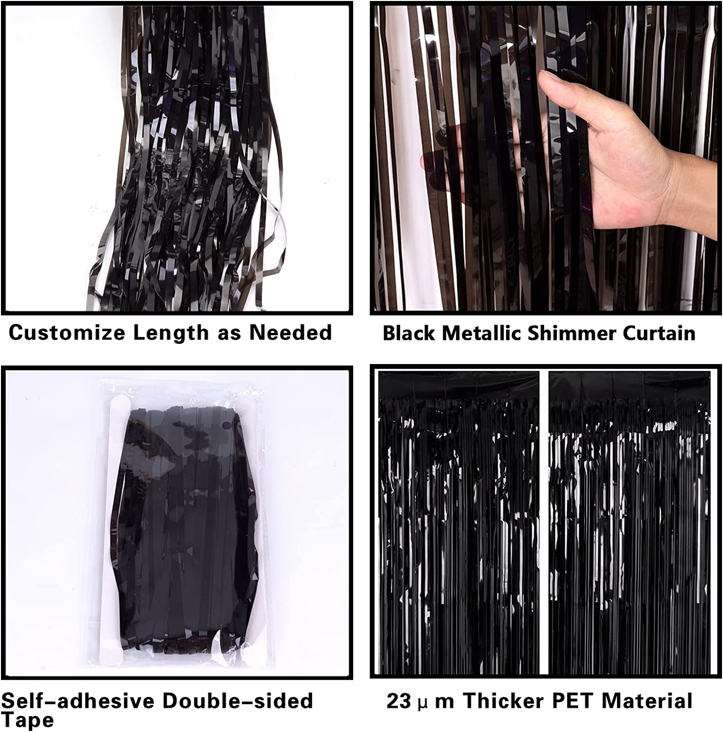 2 Pack 3.2Ft X 8.2Ft Black Tinsel Foil Fringe Curtains, Metallic Foil Tinsel Photo Booth Backdrop Streamer for New Years Decorations Halloween Bachelorette Birthday Holiday Celebration Party Supplies