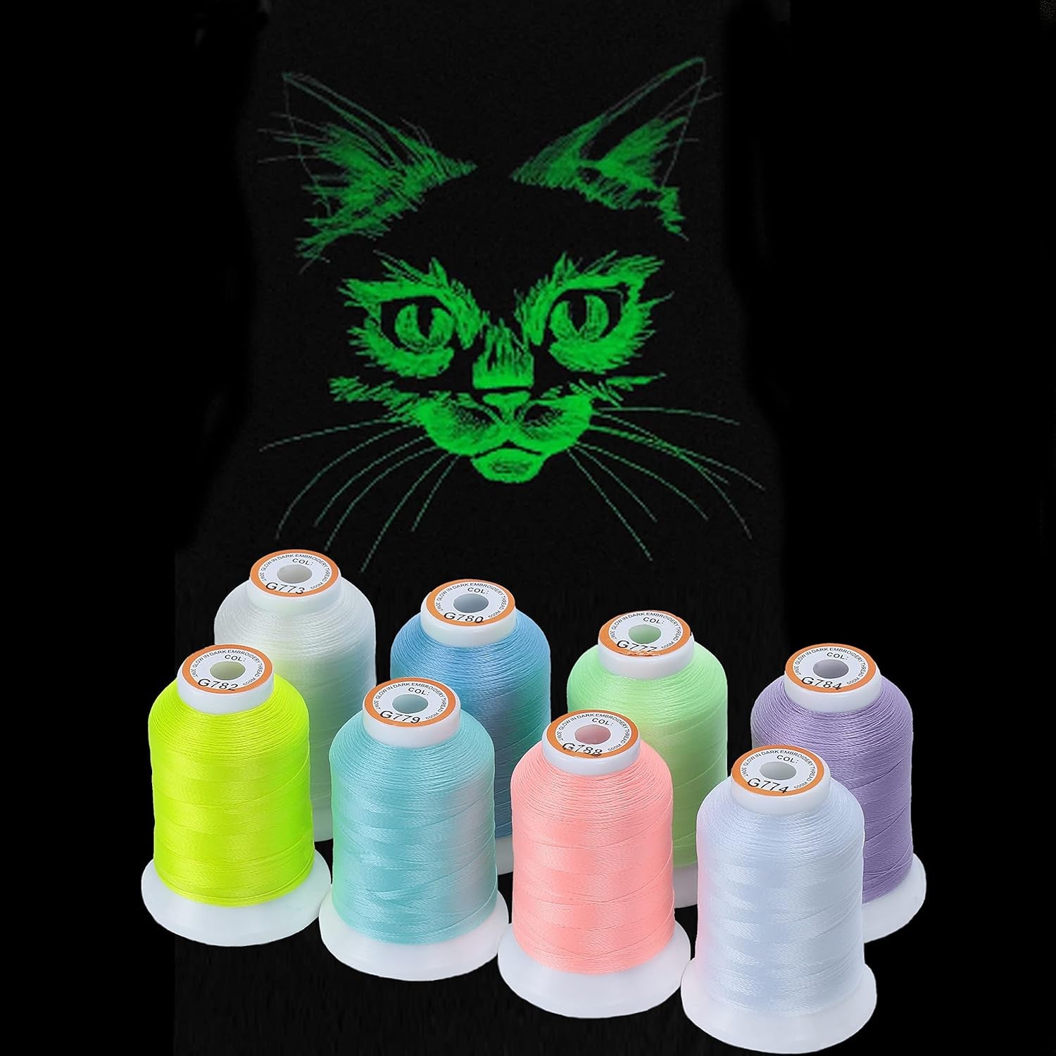 8 Colors Luminary Glow in the Dark Embroidery Machine Thread Kit 30WT 500M(550Y) Each Spool for Embroidery, Quilting, Sewing