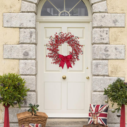 18 Inch Artificial Christmas Wreath Red Berry Wreath Handmade Winter Wreath with Bowknot Christmas Decoration for Front Door Home Indoor Outdoor Farmhouse Wall Window Xmas Holiday