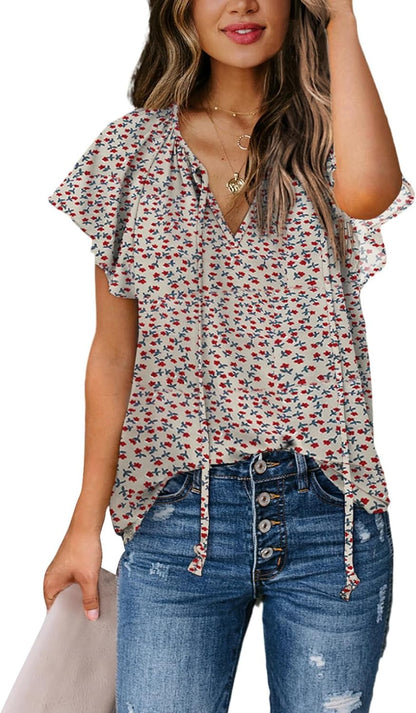 Women'S Casual Boho Floral Printed V Neck Tops Drawstring Short Long Sleeve T Shirt Blouses