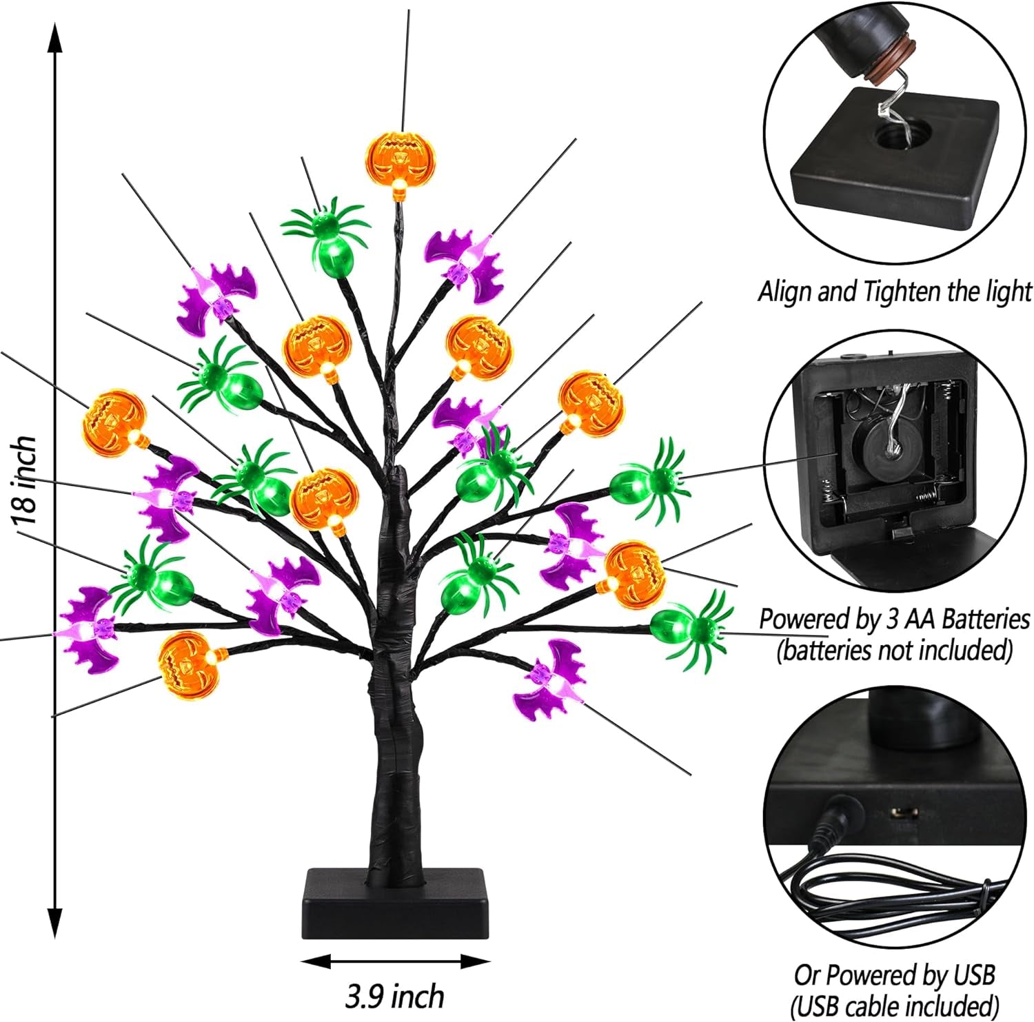 [Timer] Halloween Decor 18 Inch Black Halloween Tree with 24 LED Pumpkin Bat Spider Light, Usb/Battery Operated Lighted Birch Tree Spooky Halloween Table Decorations Indoor Outdoor for Home Room Party