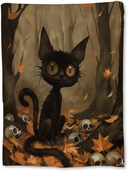 Eerie Black Cat, Skulls & Autumn Forest Blanket | Soft Warm Fuzzy Lightweight Flannel Throw for Couch, Bed, Halloween Decor, Travel & Outdoor, Cozy Blankets for Adults Women Men 80×60 In