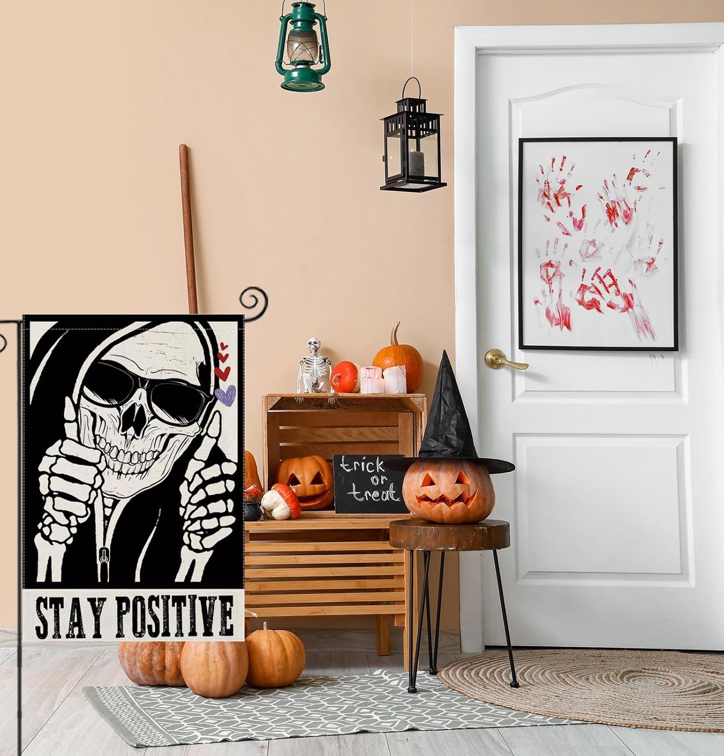 Halloween Garden Flags for outside Decoration, STAY POSITIVE Funny Skeleton Small Yard Flag for Outdoor Decor 12X18 Inch Vertical Double Sided