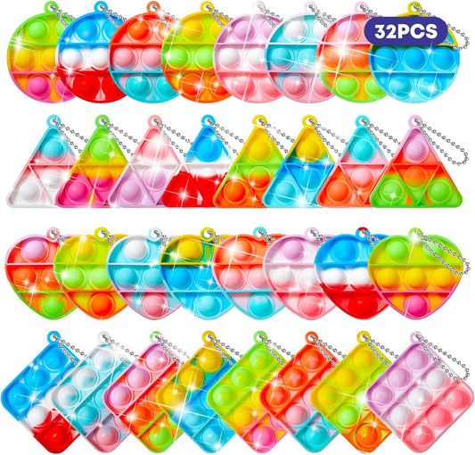 32 PCS Party Favors for Kids: Mini Pop Keychain Toys Pack - Bubble Sensory Stocking Stuffers for Boys & Girls - Stress Relief Classroom Supplies Prizes Gifts- Birthday Goodie Bags Box