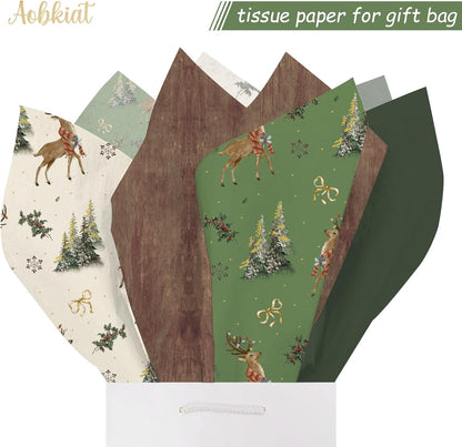 Wrapping Tissue Paper for Christmas Gift Bag,24 Sheets Green Tree with Animal Wrap Paper for Family Friends Gift Wrap,Diy Craft,Present Packaging,20X15Inch/Sheet