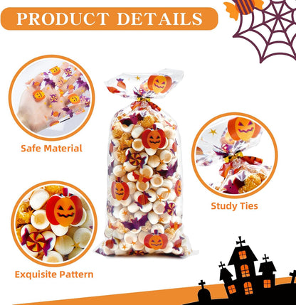 Halloween Cellophane Treat Bags, 180Pcs Halloween Trick or Treat Goody Gags with 200Pcs Twists for Snacks Cookies Packing, Halloween Goodie Bags Party Supplies(02)