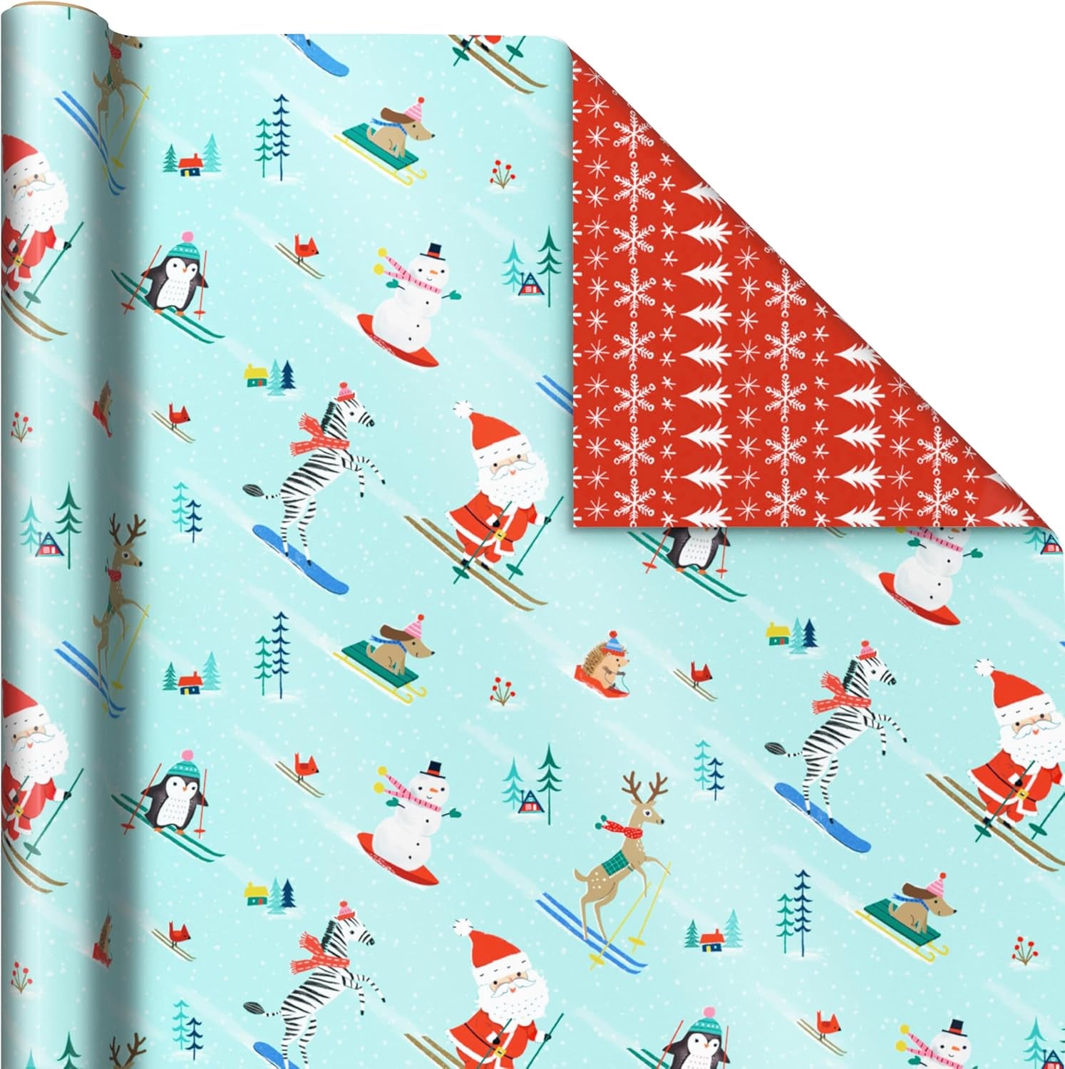 Reversible Christmas Wrapping Paper for Kids (3 Rolls: 120 Sq. Ft. Total) Snowmen, Stripes, Trees, Skiing Santa, Zebras, Hedgehogs, Penguins