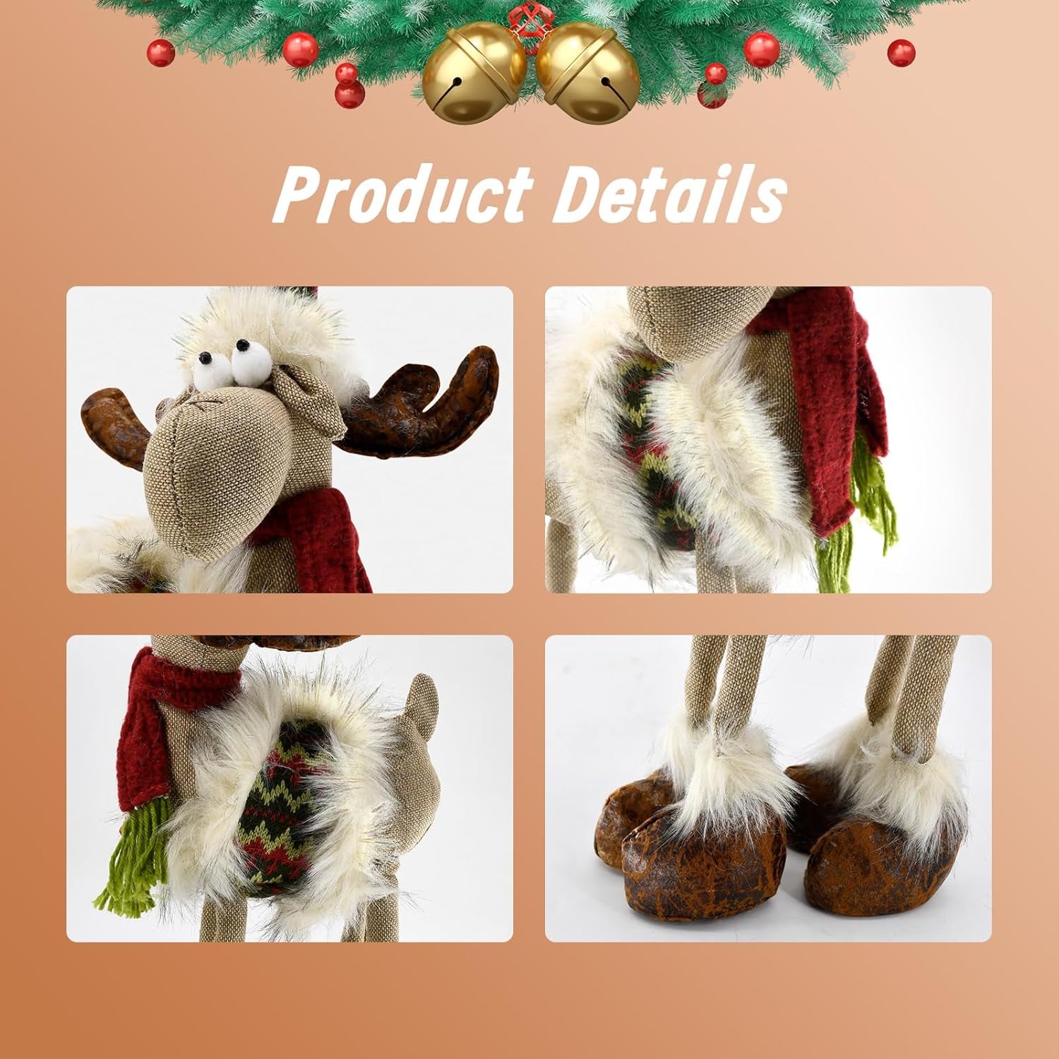 Reindeer Christmas Decoration, Plush Xmas Deer Gnome, Handmade Swedish Santa Elk Figurines Tomte Gnome with Bell Reindeer Horns Ornaments, Home Table Decor