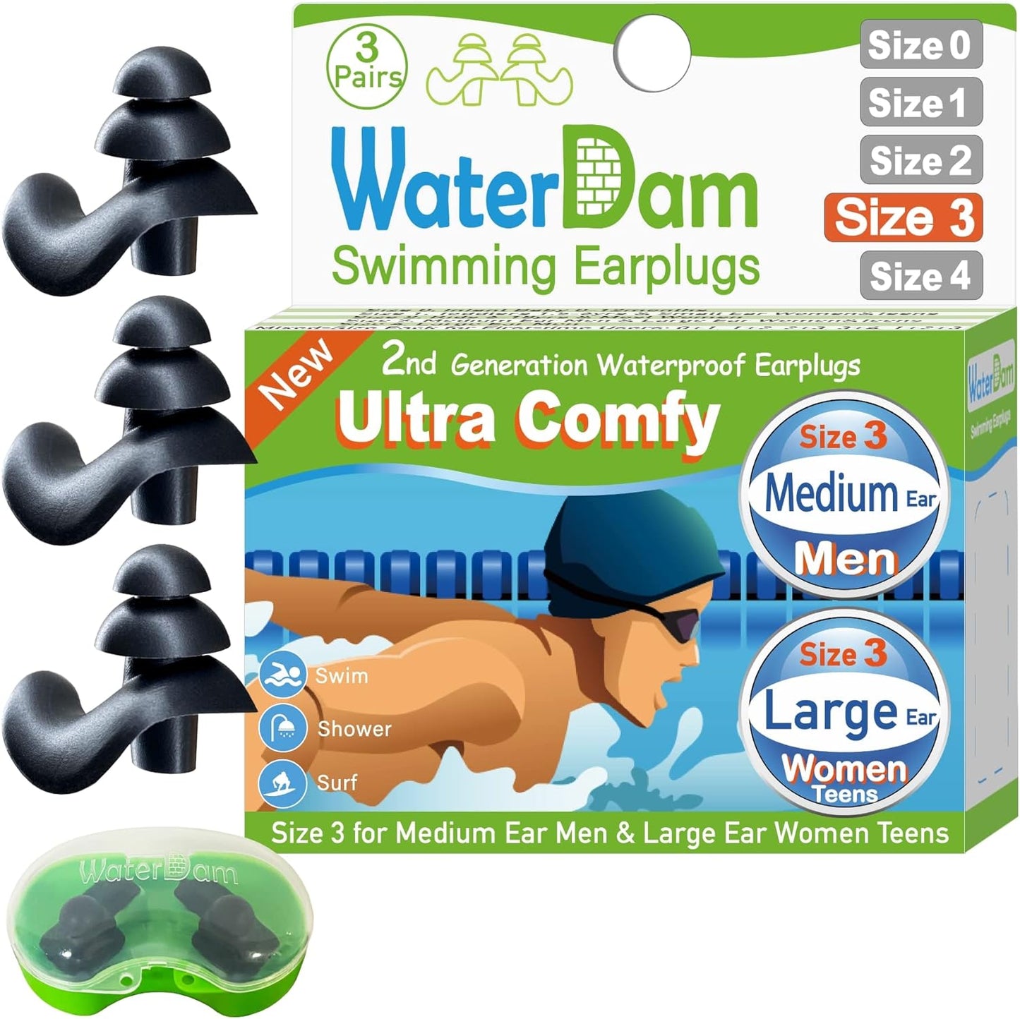 A-Series Swimming Ear Plugs Ultra Comfy Great Waterproof Earplugs (Mixed Sizes, Size 2A+2: Kids Teens Medium Ear Women Small Ear Men (Green Blue))