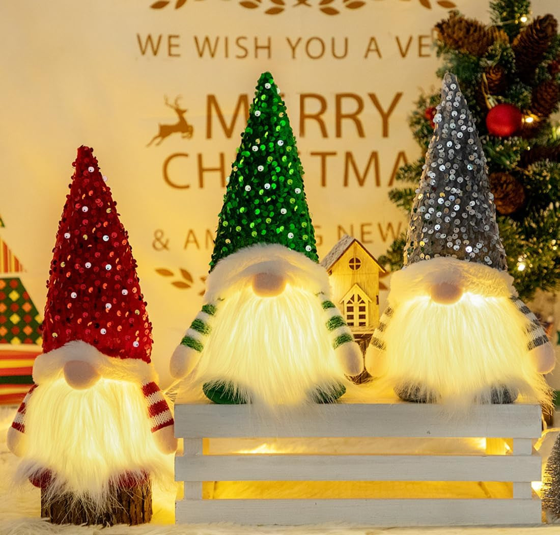 3PCS Gnome Christmas Decorations -12 Inch Light up Christmas Gnomes Plush Doll Ornaments Glitter Sequins Swedish Hat Leprechaun Dwarf Gift Home Table Decor