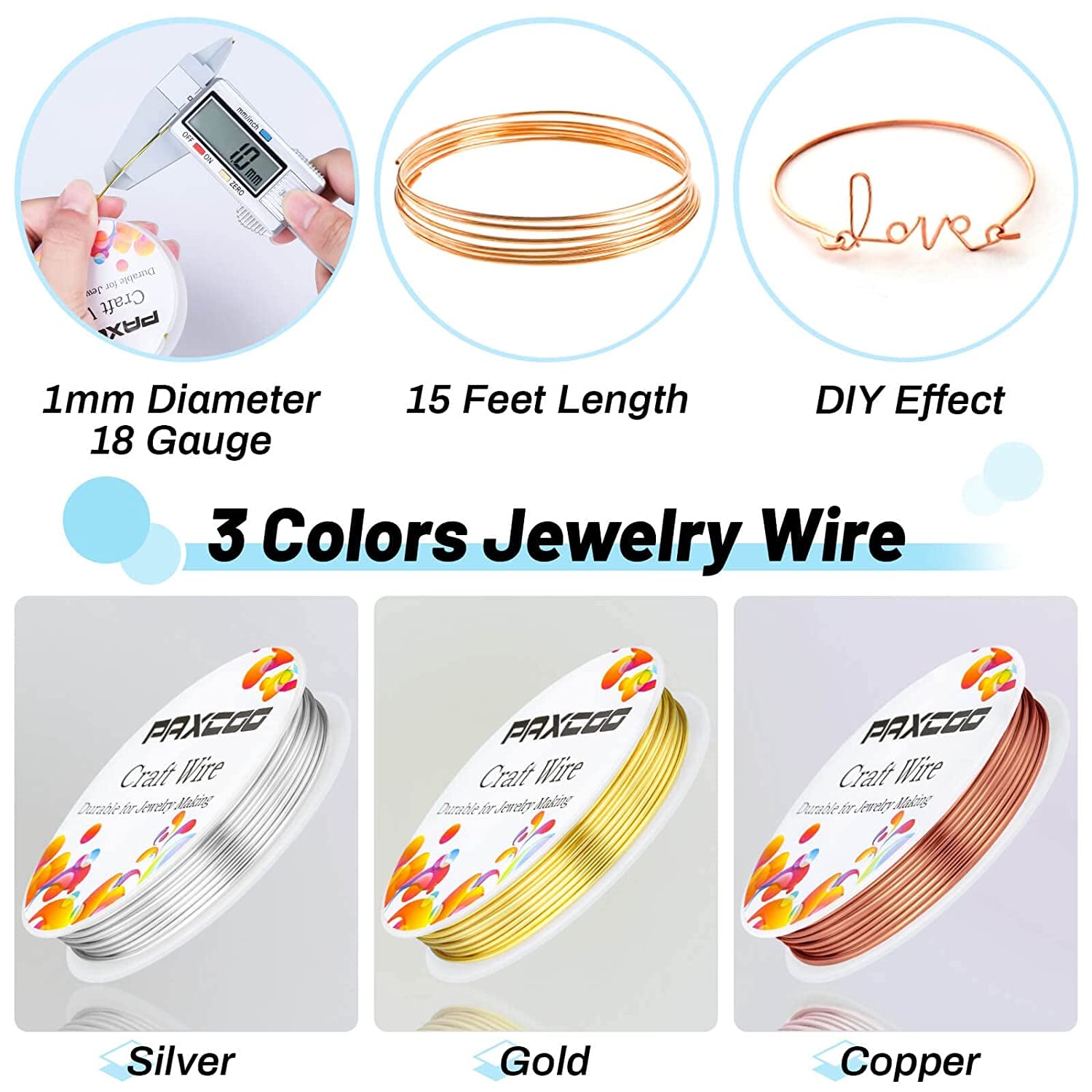 3 Pack Jewelry Wire Craft Wire 18 Gauge Tarnish Resistant Jewelry Beading Wire for Jewelry Making Supplies and Crafting (Silver, Gold and Copper)