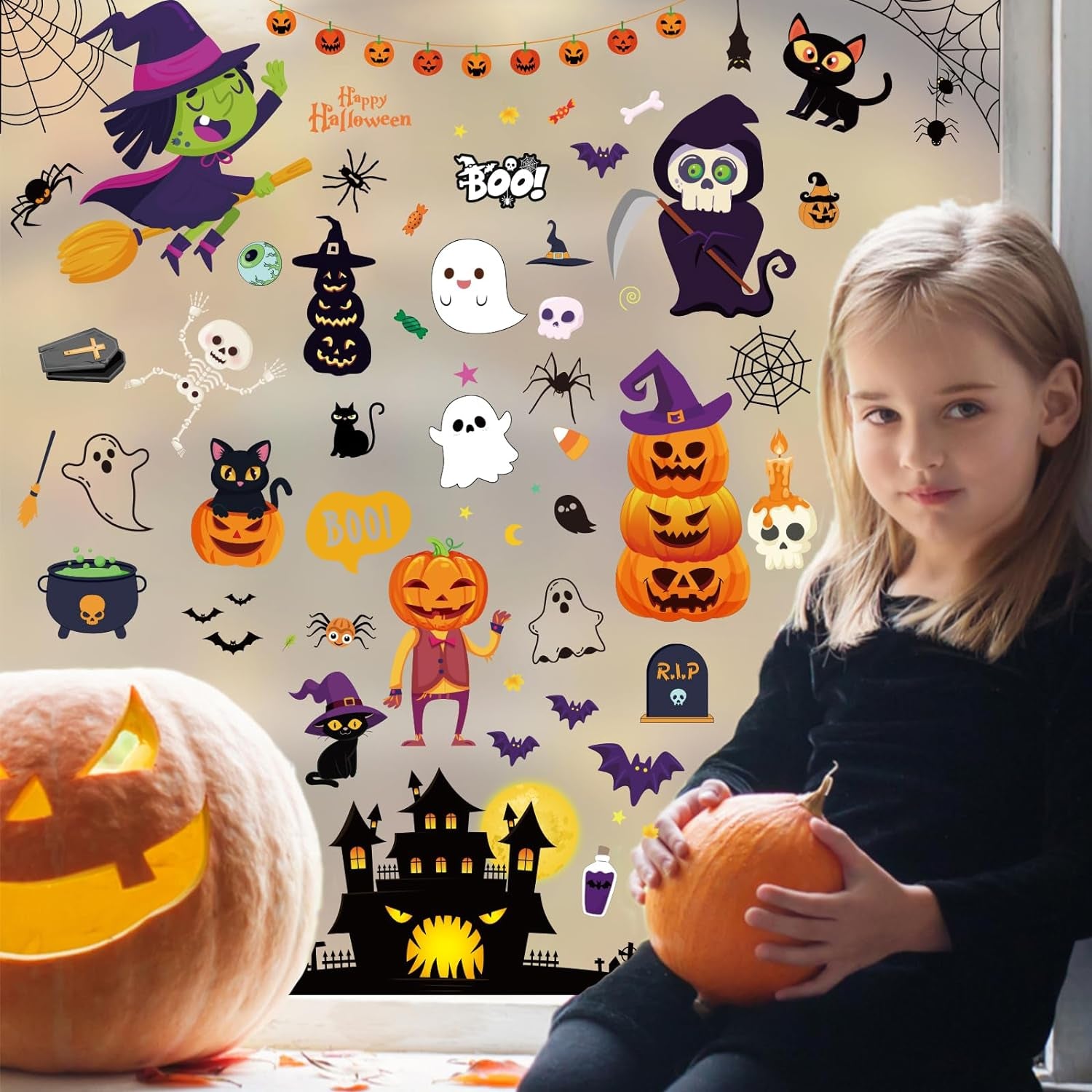 Halloween Decorations 743 PCS Halloween Window Clings, 10 Sheets Cute Halloween Window Decorations, Large Halloween Window Stickers Double-Sided Removable Window Decals, for Kids Party Decorations