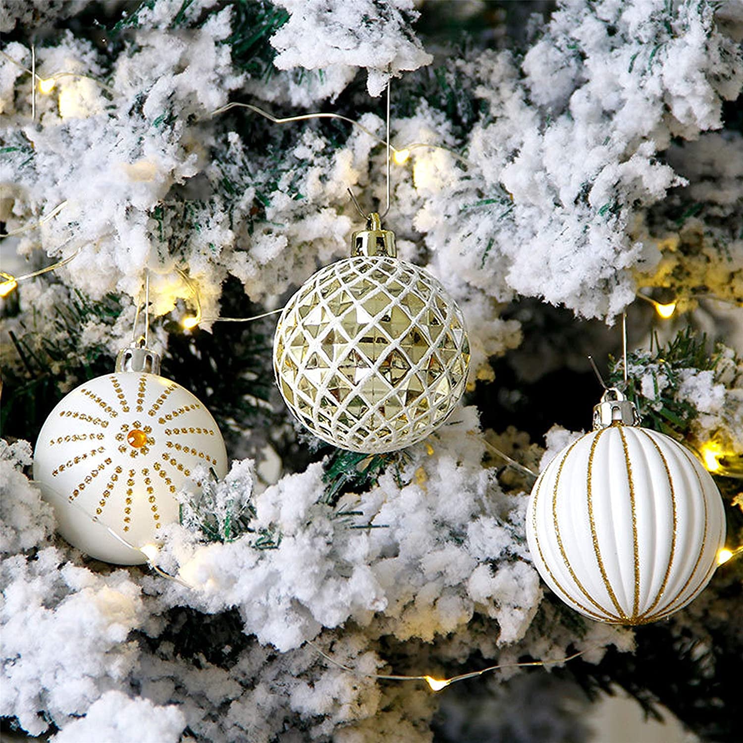 30PCS Christmas Balls Ornaments,60Mm Gold&White Painted Shatterproof Festive Wedding Hanging Ornaments Christmas Tree Decoration