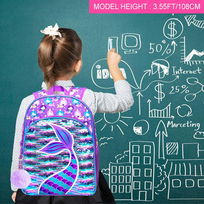 3PCS Kids Backpacks for Girls, 16" Little Kid Mermaid Sequin Preschool School Bookbag and Lunch Box