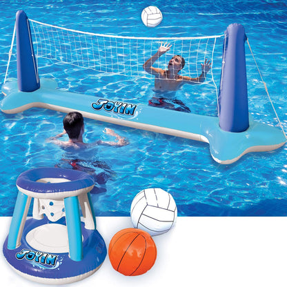 Inflatable Pool Float Set Volleyball Net & Basketball Hoops, Floating Swimming Game Toy for Kids and Adults, Summer Floaties, Volleyball Court (105”X28”X35”)|Basketball (27”X23”X27”),L-Orange