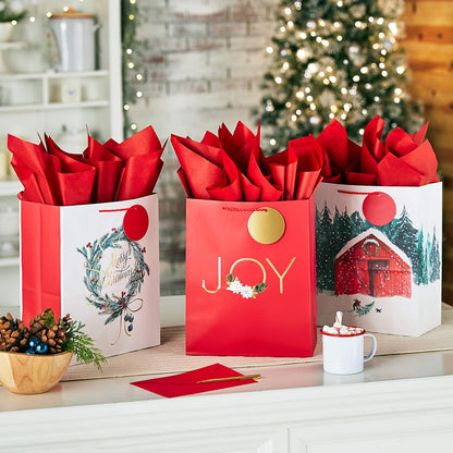 13" Large Christmas Gift Bag Assortment with Tissue Paper (3 Bags: Merry Christmas Wreath, Gold Joy, Snowy Red Barn) Red, White, Gold Foil