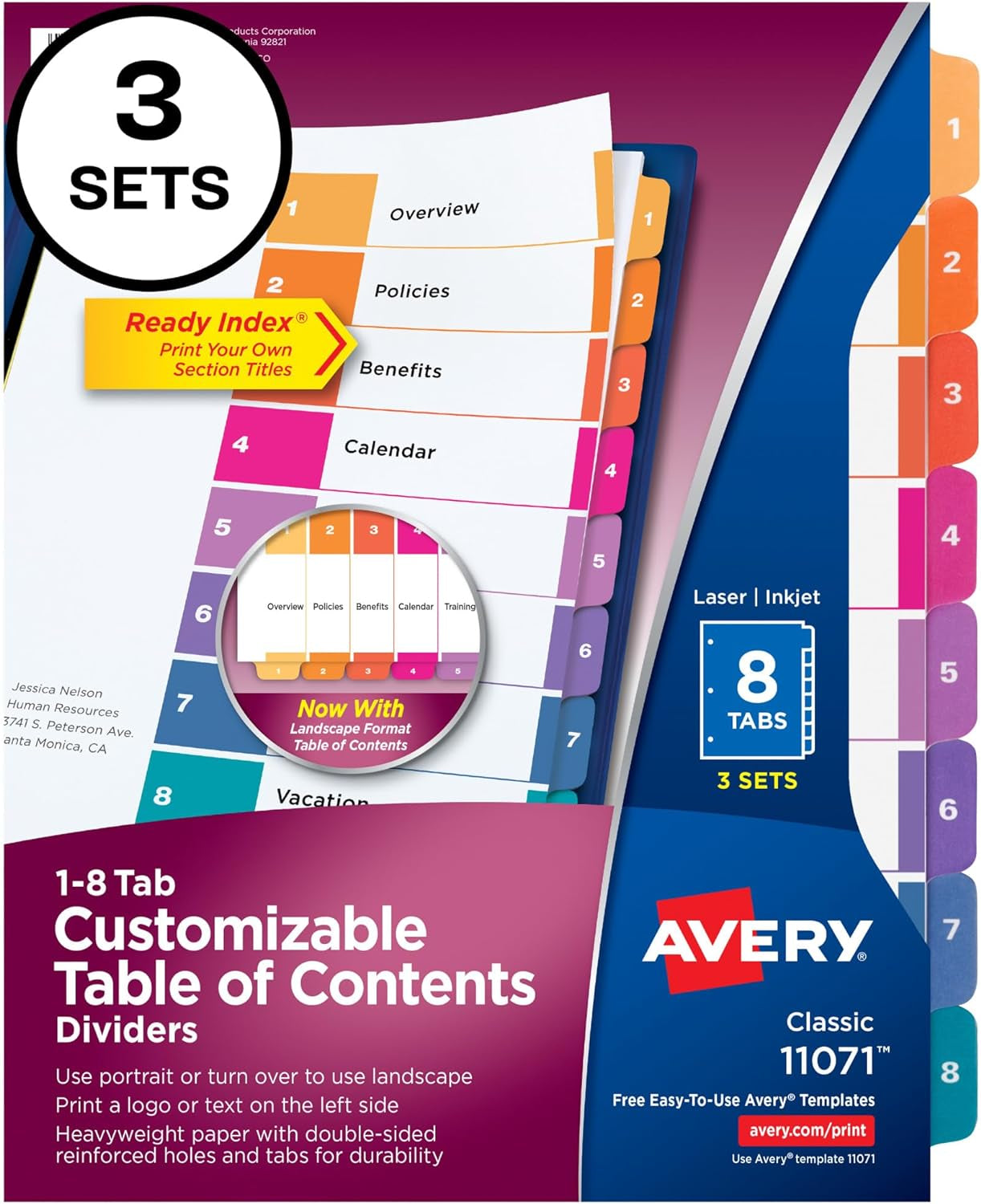 12 Tab Dividers for 3 Ring Binders, Customizable Table of Contents, Multicolor Tabs, 6 Sets (11196)