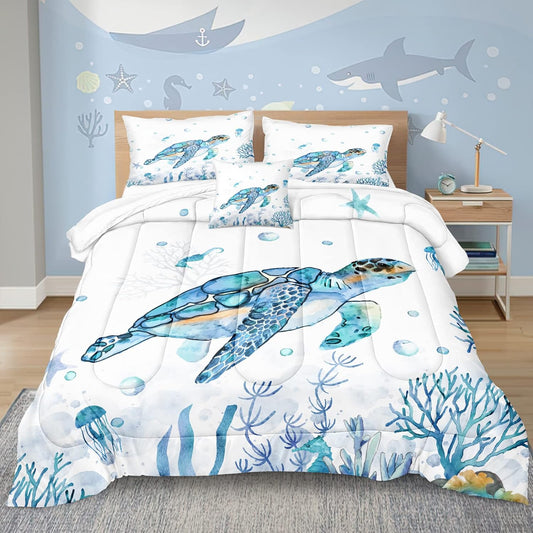 Sea Turtle Queen Comforter Set Ocean Theme Bedding Set for Boys Girls Blue Turtle Sea Horse Sea Animal Pattern Ocean Beach Watercolor Bedding Comforter Queen Size Bed Set