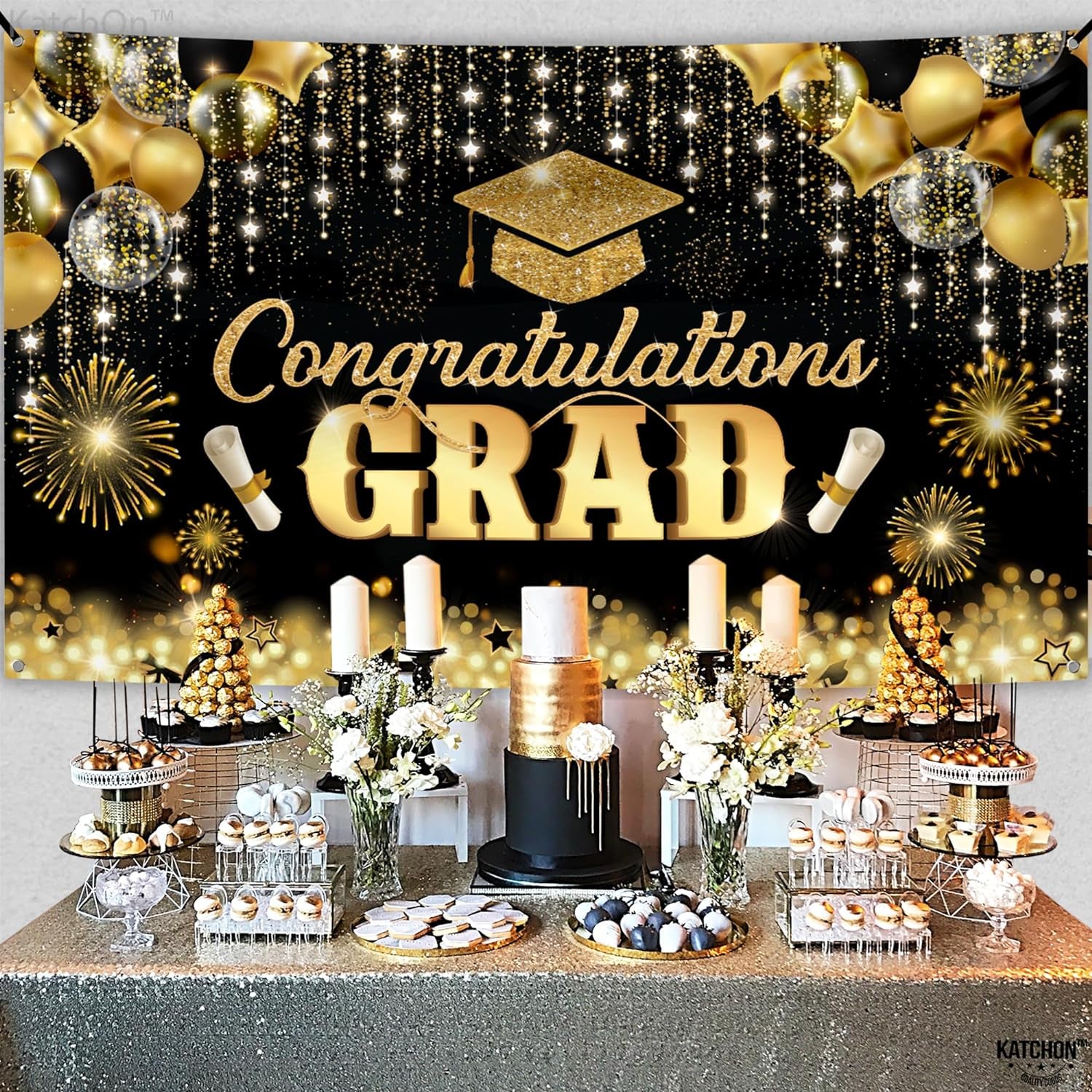 , Congratulations Grad Banner - Large, 72X44 Inch | Glitter Black and Gold Graduation Backdrop, Graduation Decorations Class of 2024 | Congratulations Banner, 2024 Graduation Party Decorations