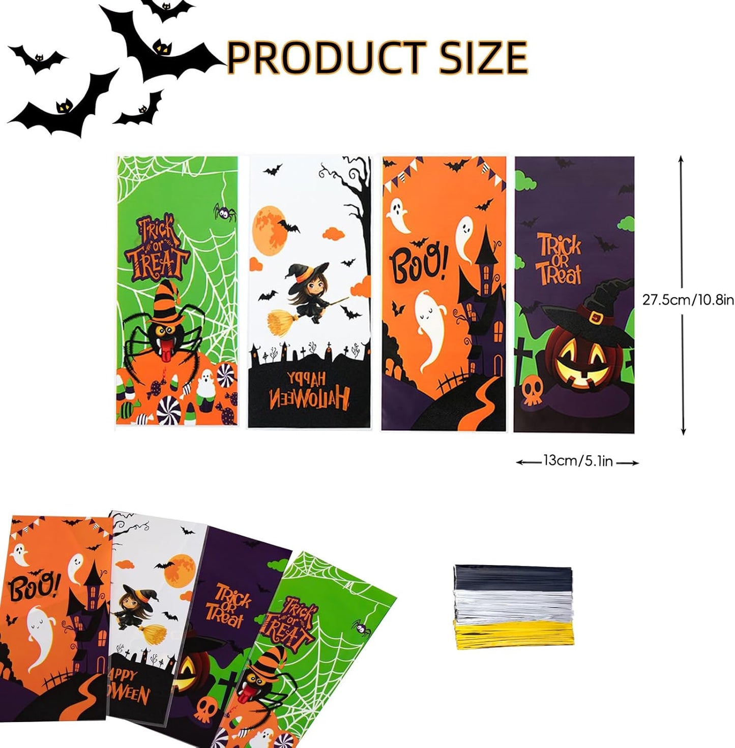 160PCS Halloween Cellophane Treat Bags, Plastic Goodie Candy Bag Goody Snack Sweet Bags with Twist Ties for Halloween Party Favor Supply（4 Style）