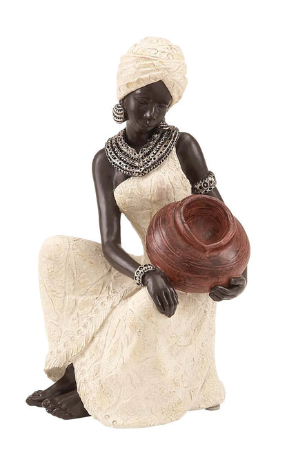 Harly Cream Polystone Sitting African Woman Sculpture with Red Water Pot